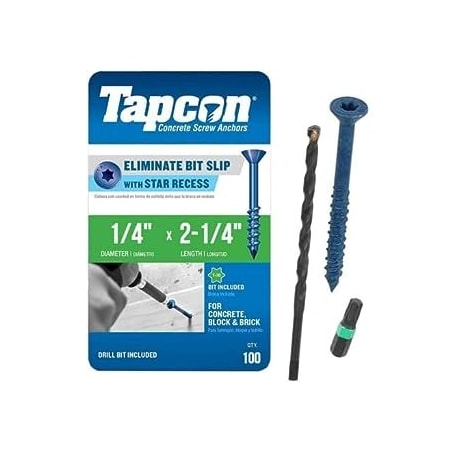 Tapcon 1/4-inch x 2-1/4-inch Climaseal Blue Flat Head T30 Concrete Screw Anchors With Drill Bit, 100PK 3330T30